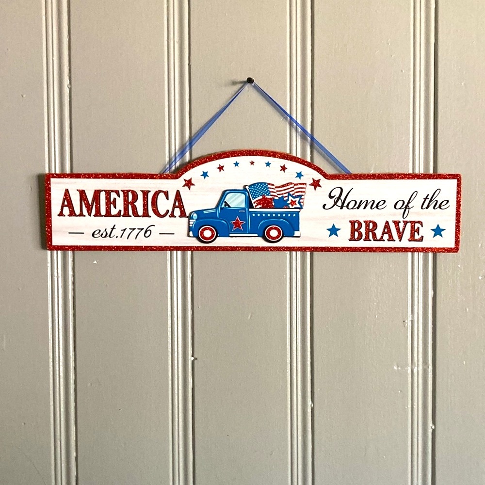 NWT- America Home of The Brave- Blue Farm Truck-Wooden Patriotic Decoration Sign